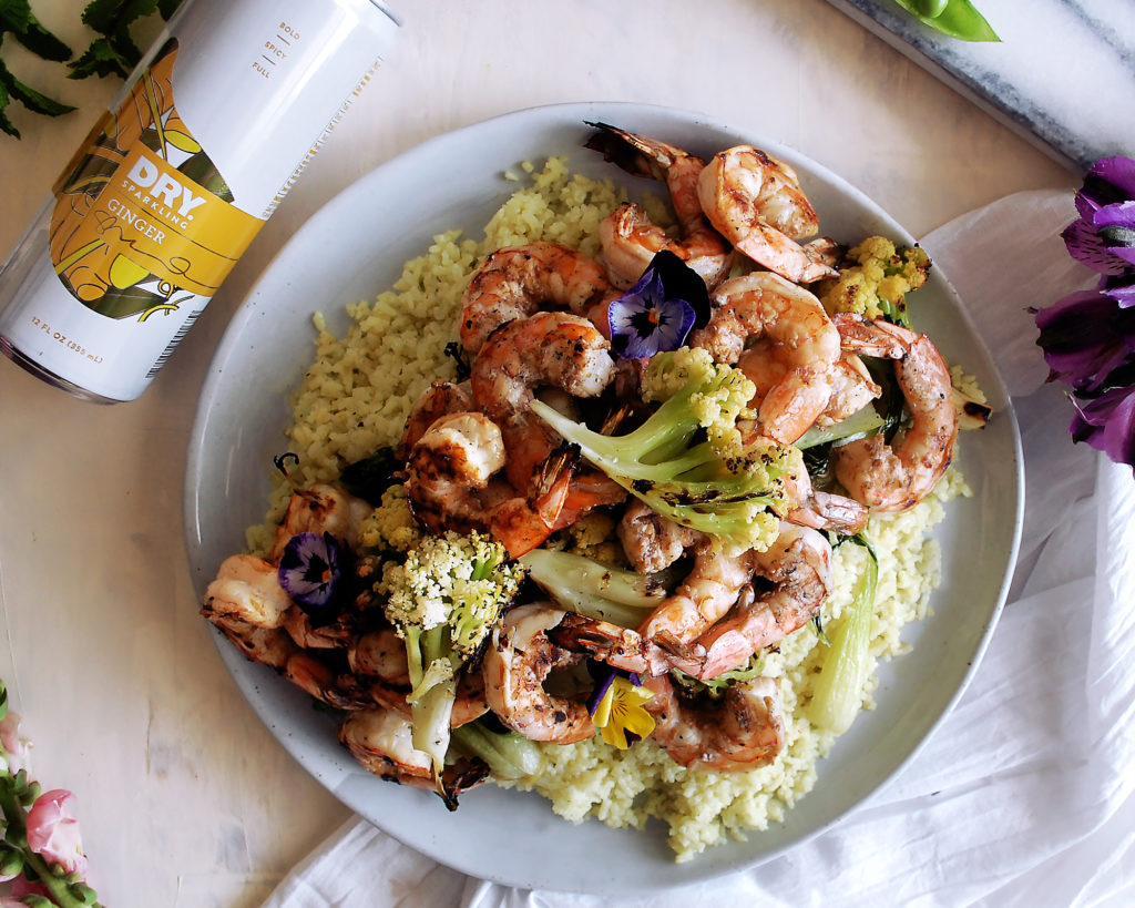 Summer Menu Shrimp, bok choy, broccoli and coconut rice